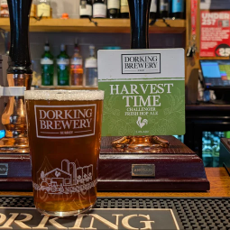 Dorking Brewery Harvest Time pump and glass